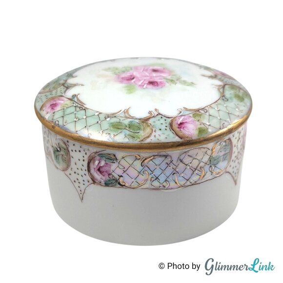 Vintage Hand Painted Porcelain Trinket Box - Roses & Gold Gilt Signed H. Bergner - Picture 2 of 11